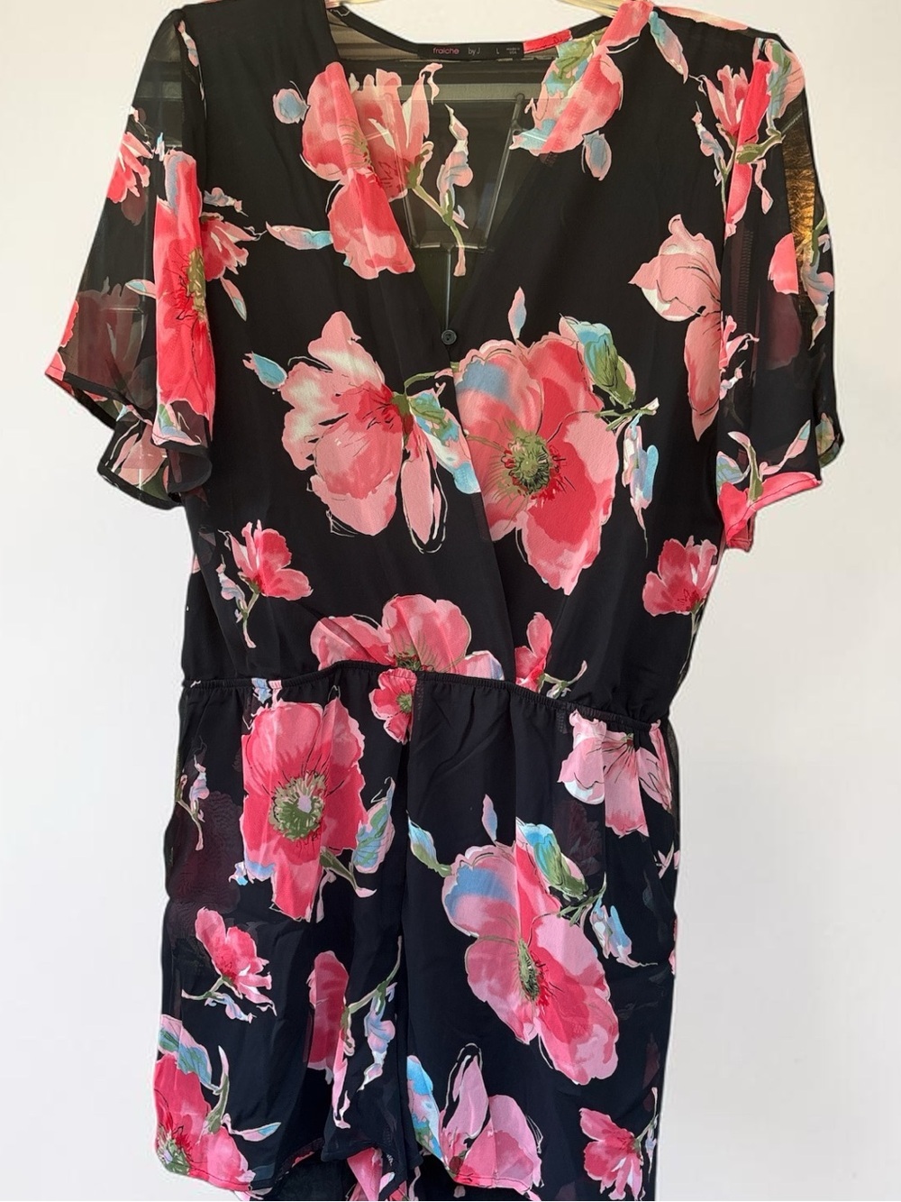 Black Floral V-Neck Romper with Pink Blooms